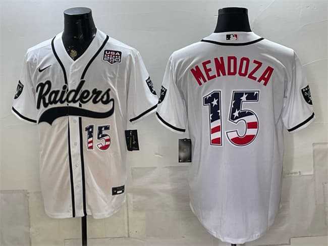 Mens Las Vegas Raiders #15 Fernando Mendoza White USA 250 Fourth of July Vapor Limited Stitched Baseball Jersey Dzhi