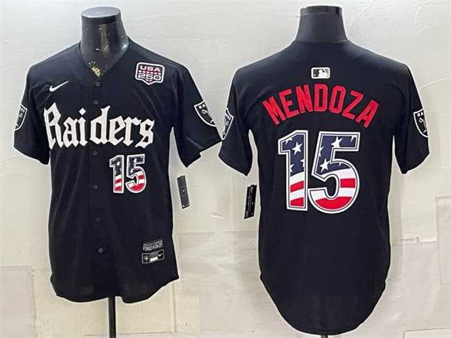 Mens Las Vegas Raiders #15 Fernando Mendoza Black USA 250 Fourth of July Gothic Sin City Shadows Edition Vapor Limited Stitched Baseball Jersey Dzhi