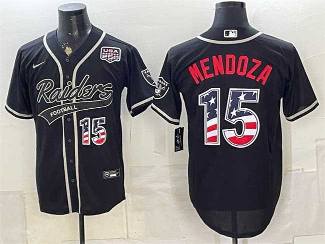 Mens Las Vegas Raiders #15 Fernando Mendoza Black USA 250 Fourth of July Vapor Limited Stitched Baseball Jersey Dzhi
