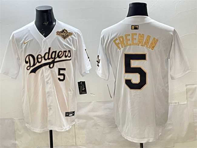 Mens Los Angeles Dodgers #5 Freddie Freeman White Gold 2025 World Series Limited Stitched Jersey