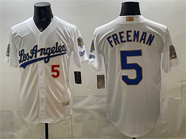 Mens Los Angeles Dodgers #5 Freddie Freeman White 2026 Gold Collection 9x & B2B Champs Patch Stitched Jersey Dzhi