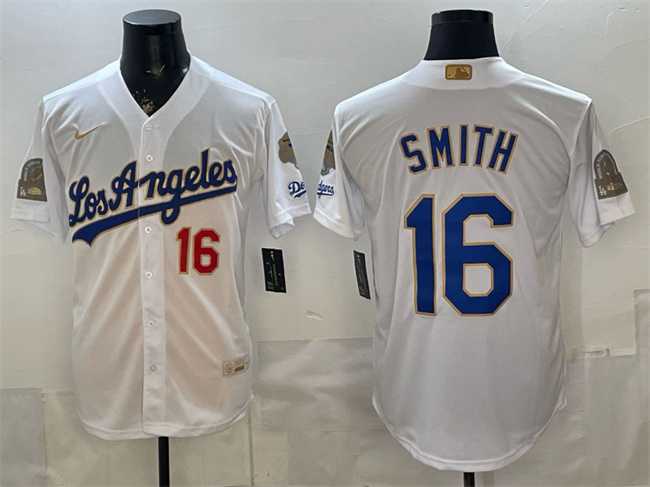 Mens Los Angeles Dodgers #16 Will Smith White 2026 Gold Collection 9x & B2B Champs Patch Stitched Jersey Dzhi