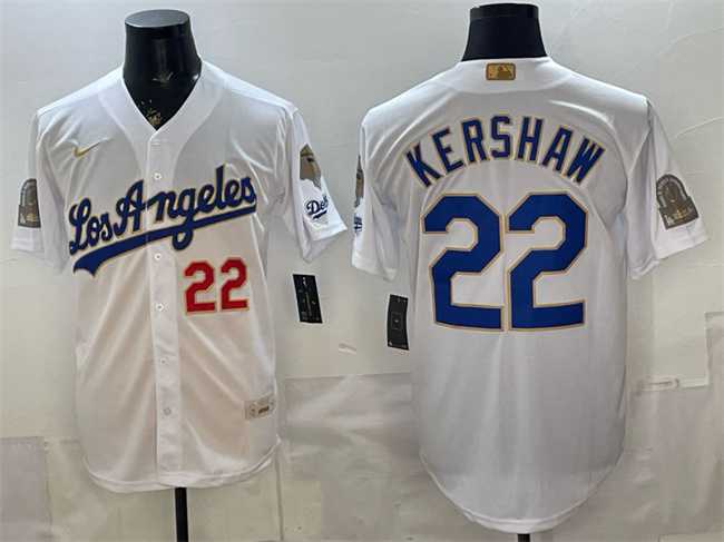 Mens Los Angeles Dodgers #22 Clayton Kershaw White 2026 Gold Collection 9x & B2B Champs Patch Stitched Jersey Dzhi