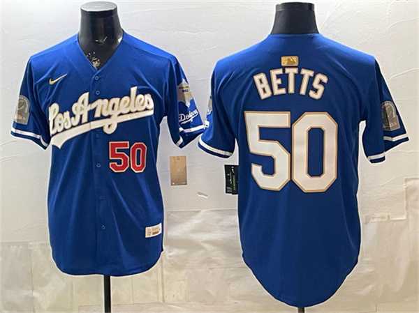 Mens Los Angeles Dodgers #50 Mookie Betts Royal 2026 Gold Collection 9x & B2B Champs Patch Stitched Jersey Dzhi