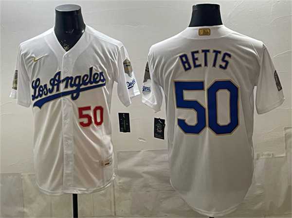 Mens Los Angeles Dodgers #50 Mookie Betts White 2026 Gold Collection 9x & B2B Champs Patch Stitched Jersey Dzhi