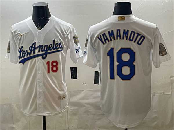 Mens Los Angeles Dodgers #18 Yoshinobu Yamamoto White 2026 Gold Collection 9x & B2B Champs Patch Stitched Jersey Dzhi