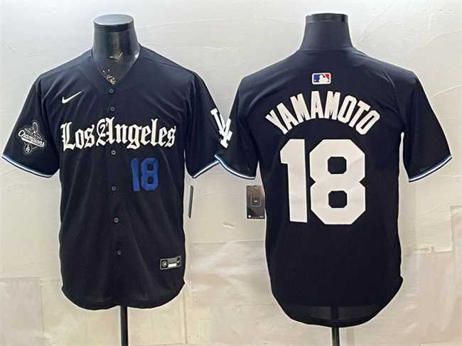 Mens Los Angeles Dodgers #18 Yoshinobu Yamamoto Black 2025 World Series Champions Patch Gothic Edition Vapor Premier Limited Stitched Jersey Dzhi