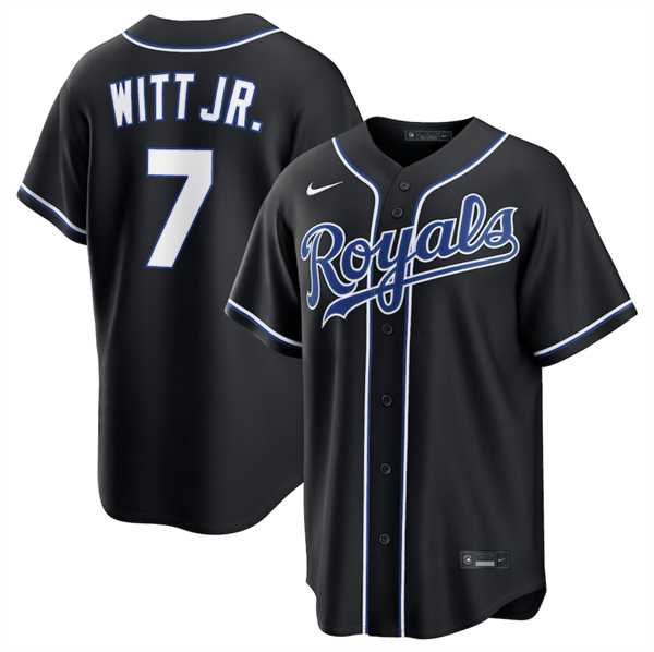 Mens Kansas City Royals #7 Bobby Witt Jr. Black Out Stitched Jersey Dzhi