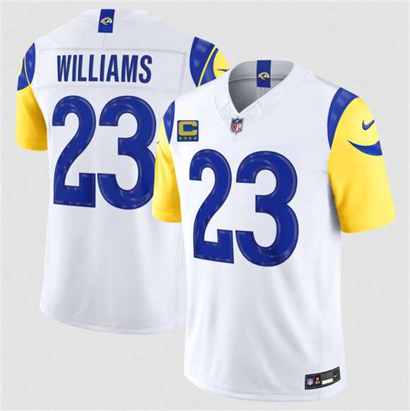 Mens Los Angeles Rams #23 Kyren Williams White 2026 F.U.S.E. 4-Star C Patch Vapor Limited Stitched Jersey Dzhi