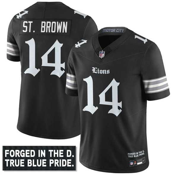 Mens Detroit Lions #14 Amon-Ra St. Brown Black F.U.S.E. Gothic Motor City Edition Vapor Limited Stitched Jersey Dyin
