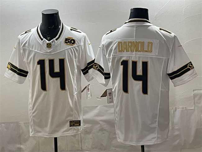 Mens Seattle Seahawks #14 Sam Darnold White Gold 2025 F.U.S.E. 50th Season Patch Vapor Limited Stitched Jersey