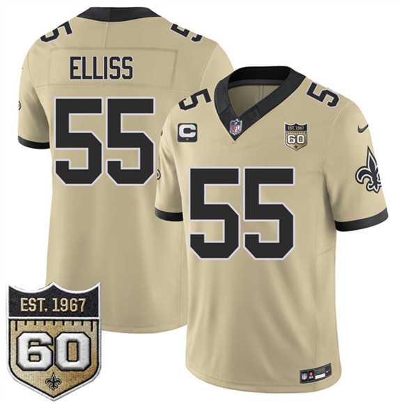 Mens New Orleans Saints #55 Kaden Elliss Gold 2026 F.U.S.E With 1-Star C Patch And 60th Anniversary Patch Vapor Limited Stitched Jersey Dzhi
