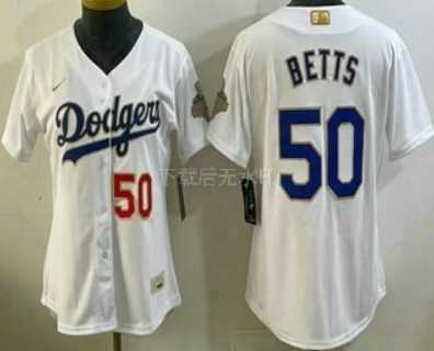 Womens Los Angeles Dodgers #50 Mookie Betts White 2026 Gold Collection Stadium Jersey