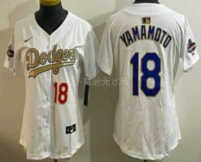 Womens Los Angeles Dodgers #18 Yoshinobu Yamamoto White Gold Champions Limited Jersey