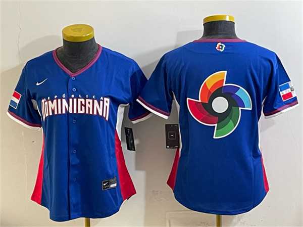 Womens Dominican Republic Royal 2026 World Baseball Classic Big Logo Road Stadium Stitched Baseball Jersey(Run Small) Dzhi