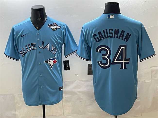 Mens Toronto Blue Jays #34 Kevin Gausman Blue 2025 World Series Cool Base Stitched Jersey