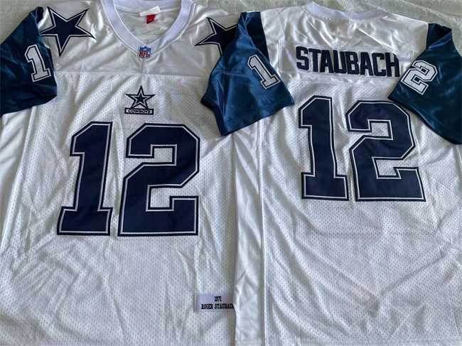 Mens Dallas Cowboys #12 Roger Staubach White Throwback Stitched Jersey