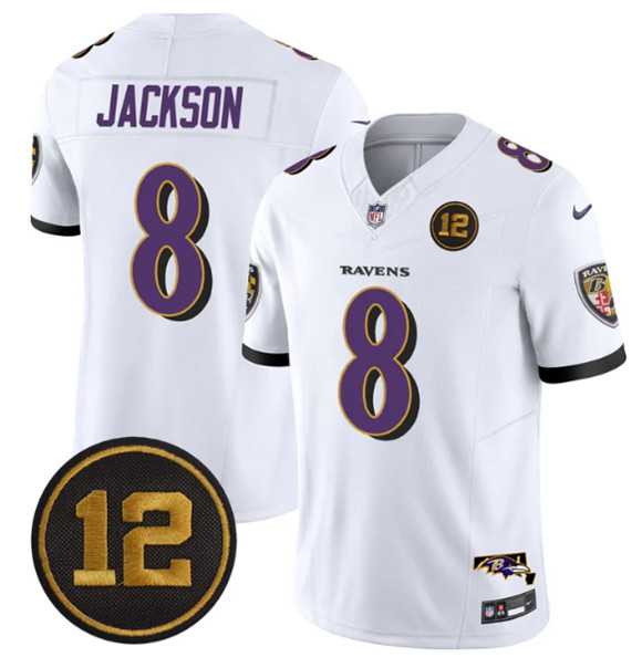 Mens Baltimore Ravens #8 Lamar Jackson White 2025 F.U.S.E Jacoby Jones Patch Vapor Limited Jersey Dzhi