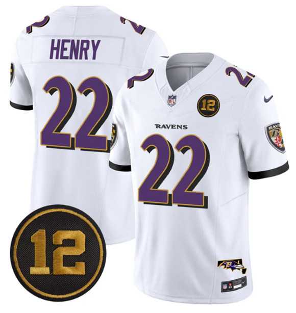 Mens Baltimore Ravens #22 Derrick Henry White 2025 F.U.S.E Jacoby Jones Patch Vapor Limited Jersey Dzhi
