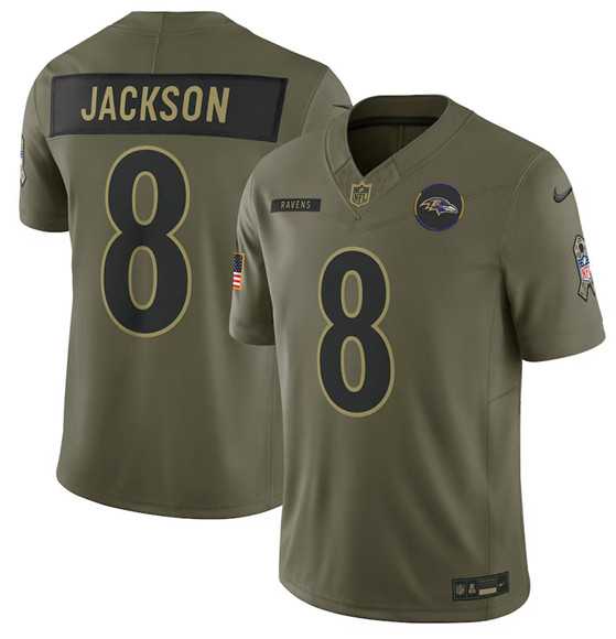 Mens Baltimore Ravens #8 Lamar Jackson Olive 2025 Salute to Service Limited Stitched Jersey Dyin