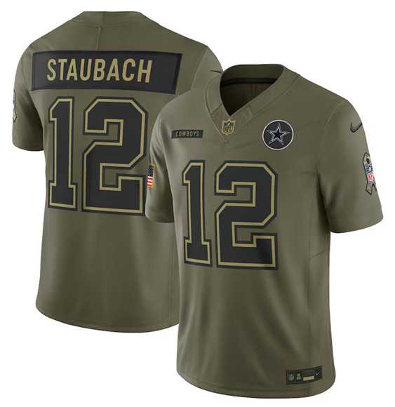 Mens Dallas Cowboys #12 Roger Staubach Olive 2025 Salute to Service Limited Stitched Jersey Dyin