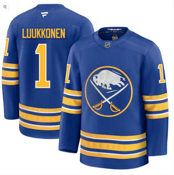 Mens Buffalo Sabres #1 Ukko-Pekka Luukkonen Blue Stitched Hockey Jersey Dzhi