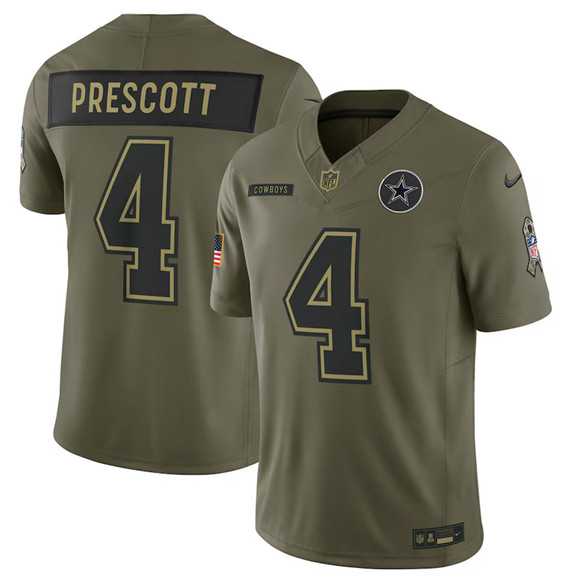Mens Dallas Cowboys #4 Dak Prescott Olive 2025 Salute to Service Limited Stitched Jersey Dyin