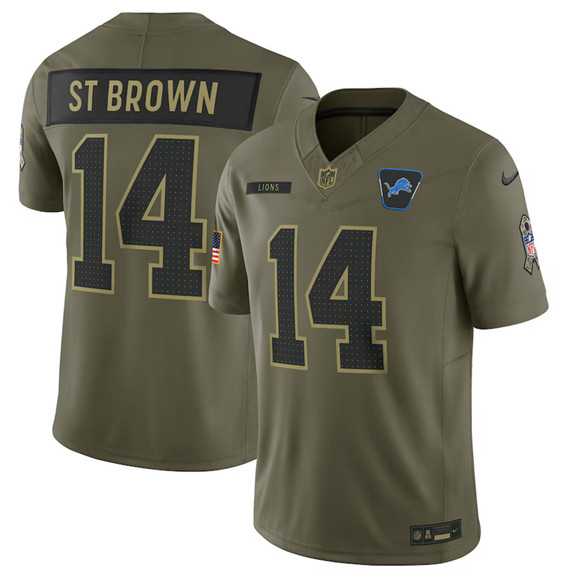 Mens Detroit Lions #14 Amon-Ra St. Brown Olive 2025 Salute to Service Limited Stitched Jersey Dyin