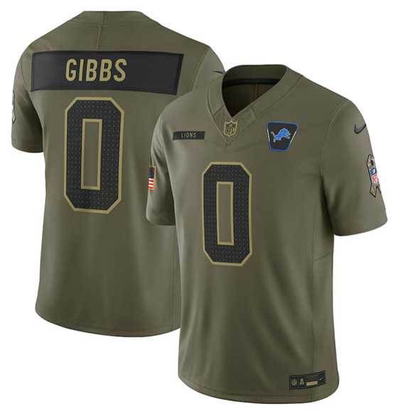 Mens Detroit Lions #0 Jahmyr Gibbs Olive 2025 Salute to Service Limited Stitched Jersey Dyin