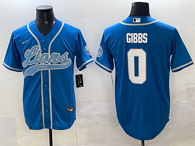 Mens Detroit Lions #0 Jahmyr Gibbs Blue Cool Base Stitched Baseball Jersey