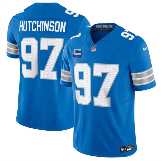 Mens Detroit Lions #97 Aidan Hutchinson Blue 2025 F.U.S.E. With 2-Star C Patch Vapor Limited Stitched Jersey Dzhi