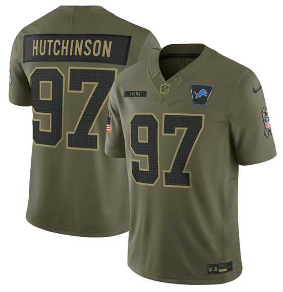 Mens Detroit Lions #97 Aidan Hutchinson Olive 2025 Salute to Service Limited Stitched Jersey Dyin