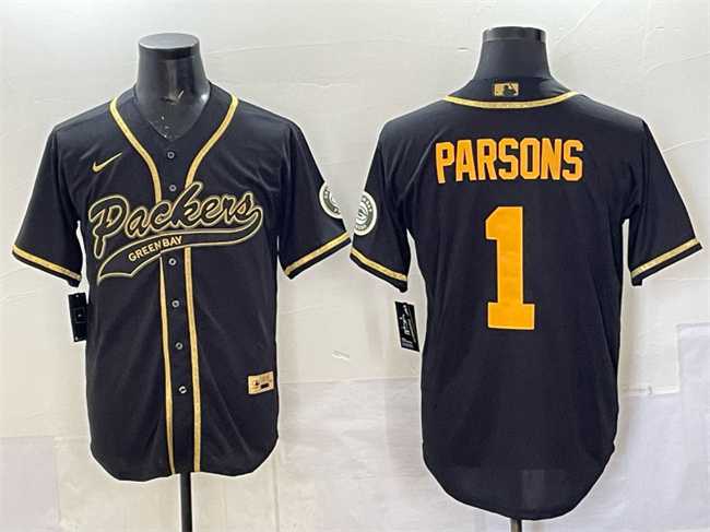 Mens Green Bay Packers #1 Micah Parsons Black Gold Cool Base Stitched Baseball Jersey