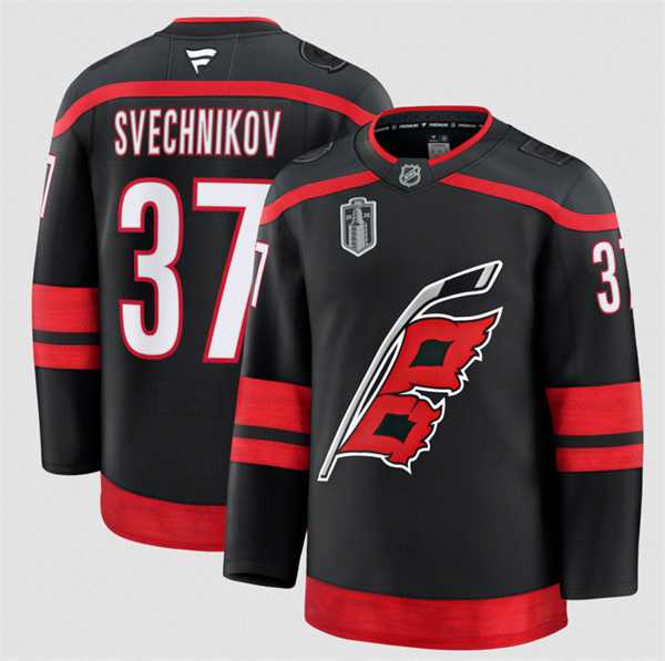 Mens Carolina Hurricanes #37 Andrei Svechnikov Black 2026 Stanley Cup Final Home Premium Hockey Stitched Jersey Dzhi