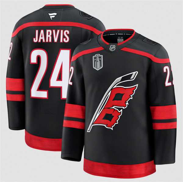 Mens Carolina Hurricanes #24 Seth Jarvis Black 2026 Stanley Cup Final Home Premium Hockey Stitched Jersey Dzhi