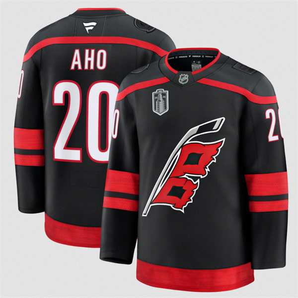Mens Carolina Hurricanes #20 Sebastian Aho Black 2026 Stanley Cup Final Home Premium Hockey Stitched Jersey Dzhi