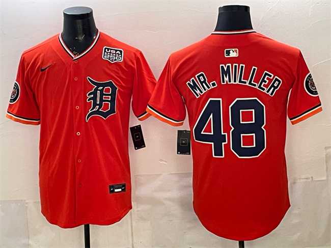 Mens Detroit Tigers #48 Mr. Miller Orange 2026 Alternate USA 250 Patch Vapor Premier Limited Stitched Jersey Dzhi