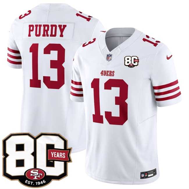 Mens San Francisco 49ers #13 Brock Purdy White 80th Anniversary Patch 2026 F.U.S.E. Vapor Untouchable Limited Stitched Jersey Dzhi->->
