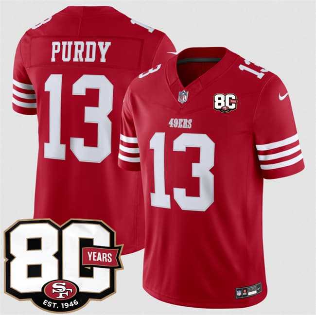 Mens San Francisco 49ers #13 Brock Purdy Red 80th Anniversary Patch 2026 F.U.S.E. Vapor Untouchable Limited Stitched Jersey Dzhi->->