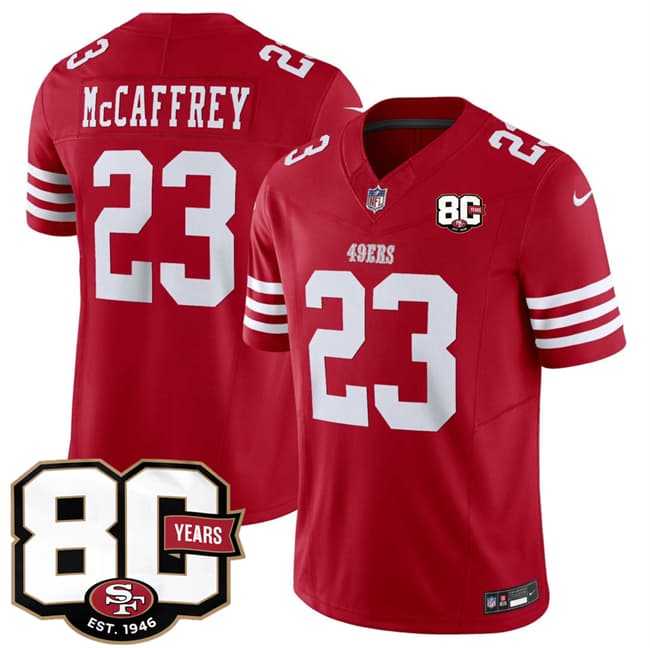 Mens San Francisco 49ers #23 Christian McCaffrey Red 80th Anniversary Patch 2026 F.U.S.E. Vapor Untouchable Limited Stitched Jersey Dzhi->->