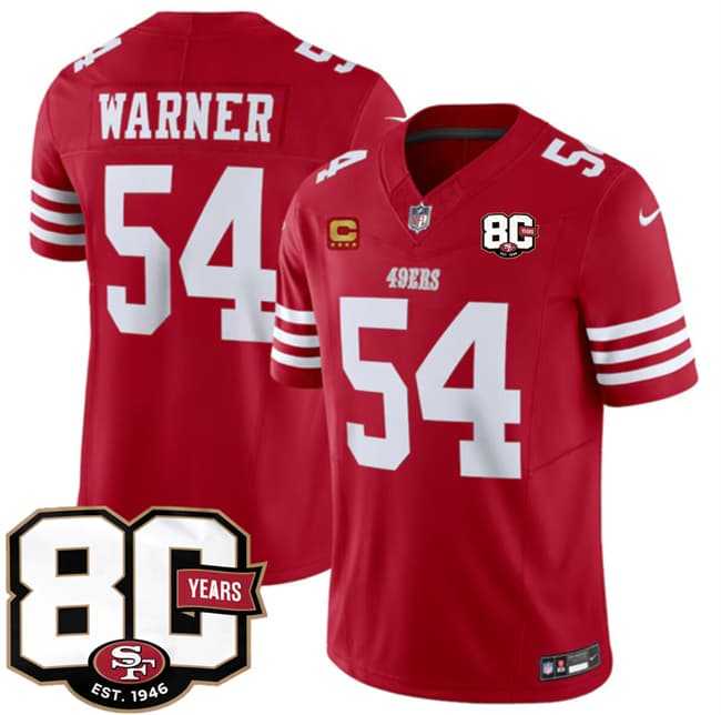 Mens San Francisco 49ers #54 Fred Warner Red 80th Anniversary Patch And 4-Star C Patch 2026 F.U.S.E. Vapor Untouchable Limited Stitched Jersey Dzhi->->