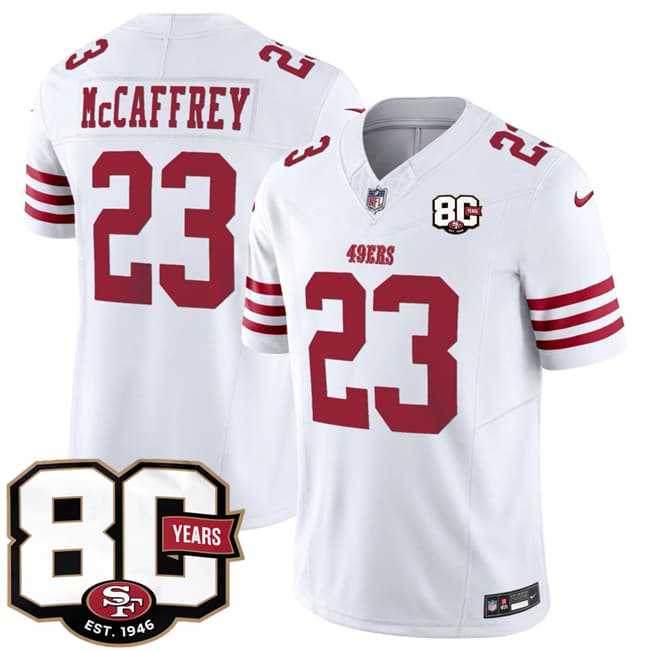 Mens San Francisco 49ers #23 Christian McCaffrey White 80th Anniversary Patch 2026 F.U.S.E. Vapor Untouchable Limited Stitched Jersey Dzhi->->