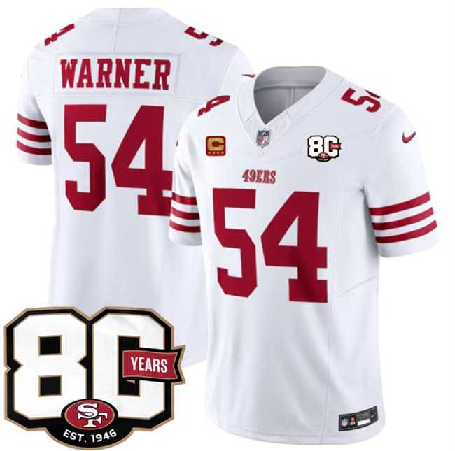 Mens San Francisco 49ers #54 Fred Warner White 80th Anniversary Patch And 4-Star C Patch 2026 F.U.S.E. Vapor Untouchable Limited Stitched Jersey Dzhi->->