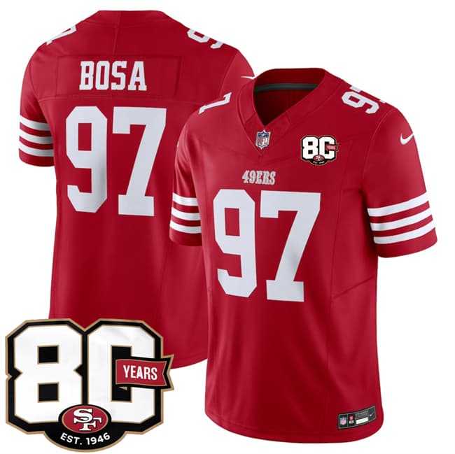 Mens San Francisco 49ers #97 Nick Bosa Red 80th Anniversary Patch 2026 F.U.S.E. Vapor Untouchable Limited Stitched Jersey Dzhi->->