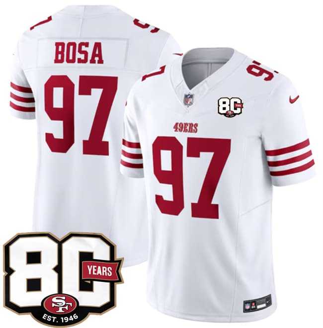 Mens San Francisco 49ers #97 Nick Bosa White 80th Anniversary Patch 2026 F.U.S.E. Vapor Untouchable Limited Stitched Jersey Dzhi->->