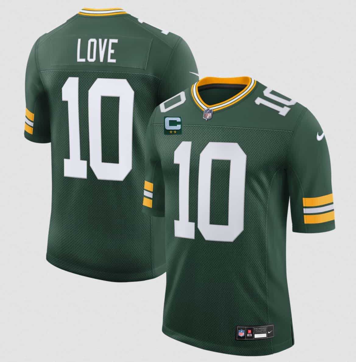 Mens Green Bay Packers #10 Jordan Love Green With 2-Star C Patch New Vapor Untouchable Limited Stitched Jersey