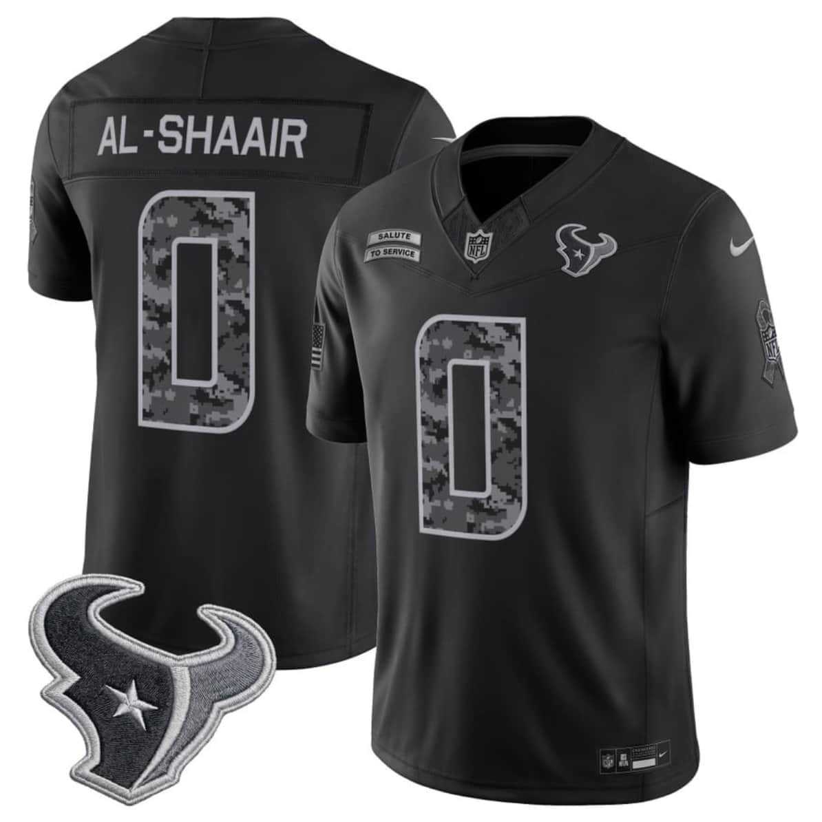 Mens Houston Texans #0 Azeez Al-Shaair Black F.U.S.E. 2026 Salute to Service Limited Stitched Jersey