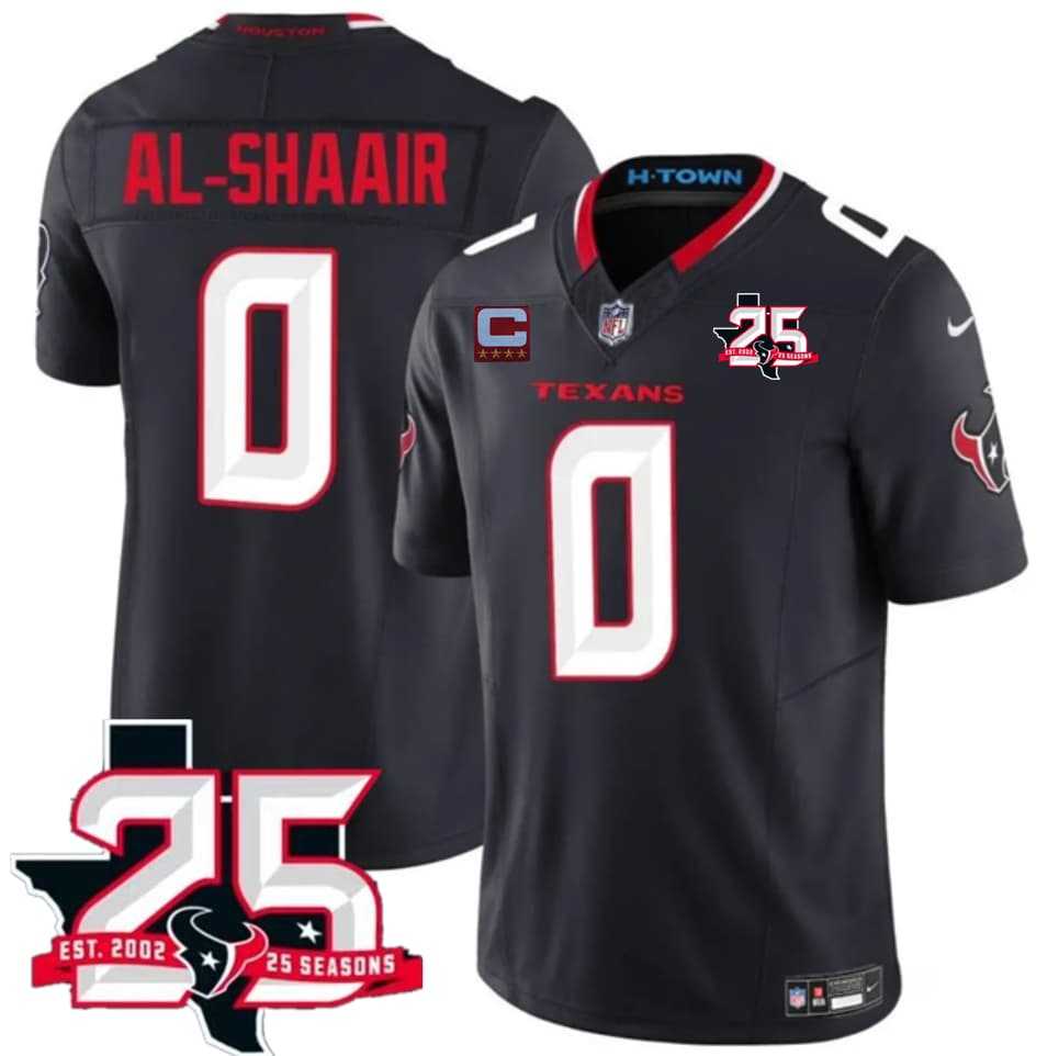 Mens Houston Texans #0 Azeez Al-Shaair Navy 2nd Alternate 2026 With 25th Anniversary Patch And 4-Star C Patch F.U.S.E. Vapor Limited Stitched Jersey