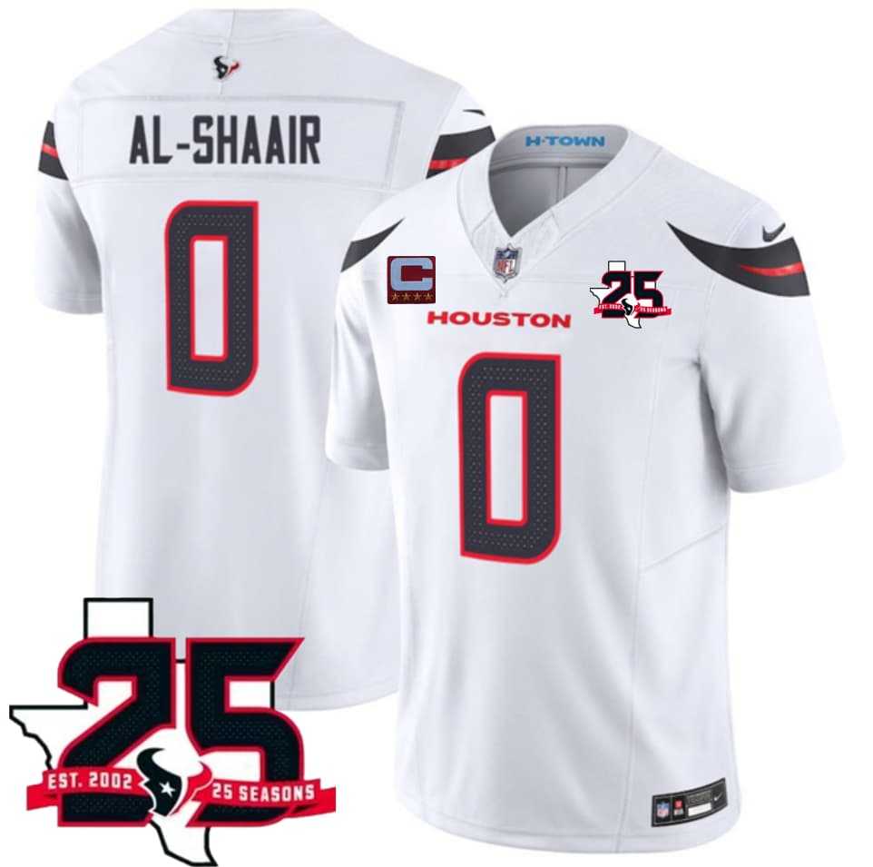 Mens Houston Texans #0 Azeez Al-Shaair White 2026 With 25th Anniversary Patch And 4-Star C Patch F.U.S.E. Vapor Limited Stitched Jersey