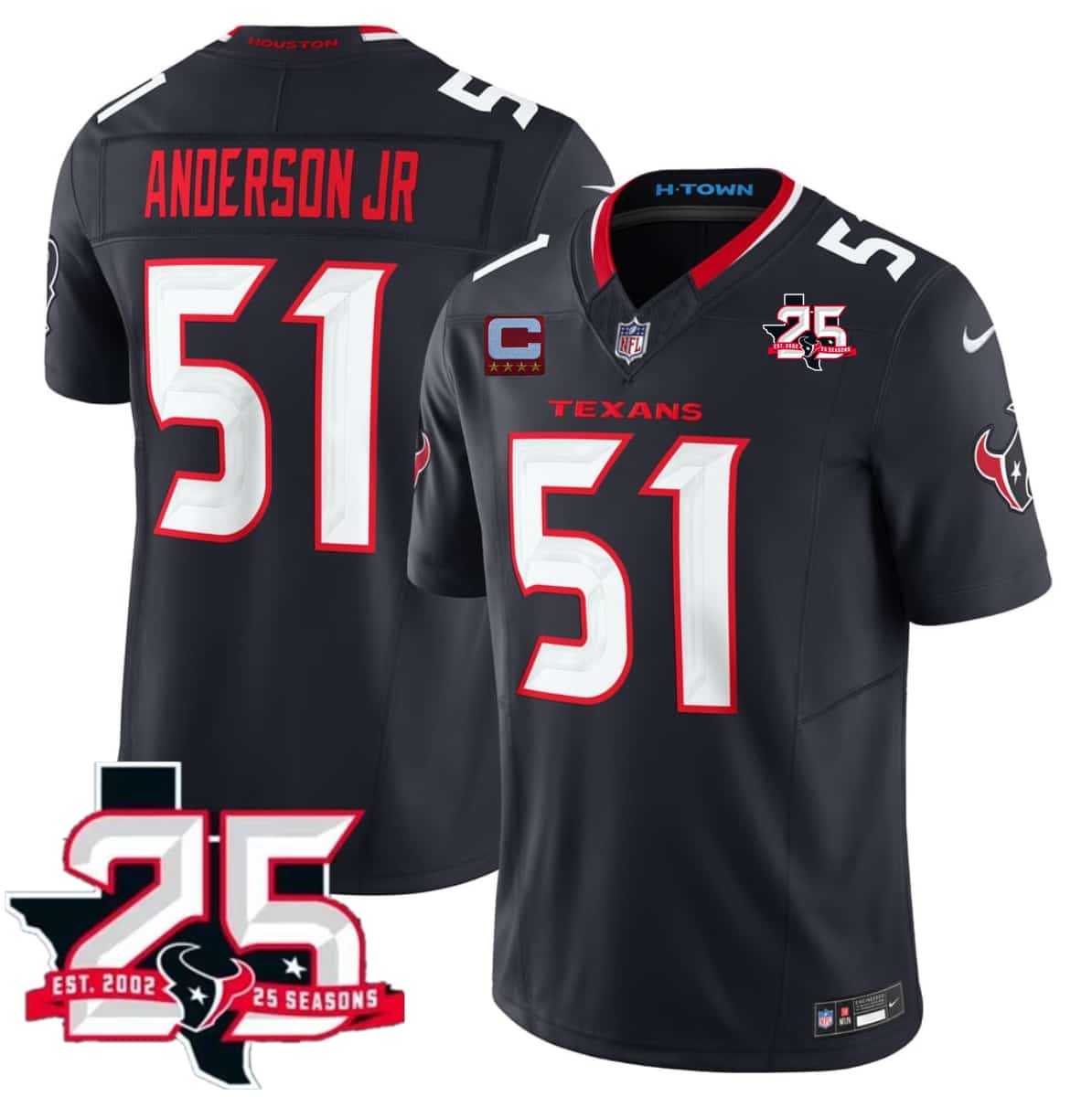 Mens Houston Texans #51 Will Anderson Jr Navy 2nd Alternate 2026 With 25th Anniversary Patch And 4-Star C Patch F.U.S.E. Vapor Limited Stitched Jersey